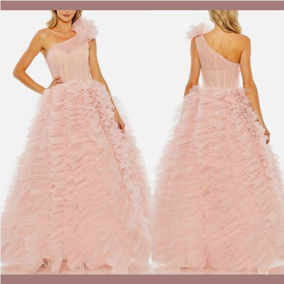 NEW $998 Mac Duggal [ 2 ] Corset One Shoulder Glitter Tulle Gown Light Pink Q754 - Picture 1 of 15